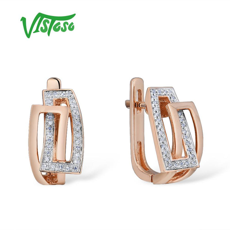 VISTOSO Genuine 14K 585 Rose Gold Sparkling Diamond Earrings