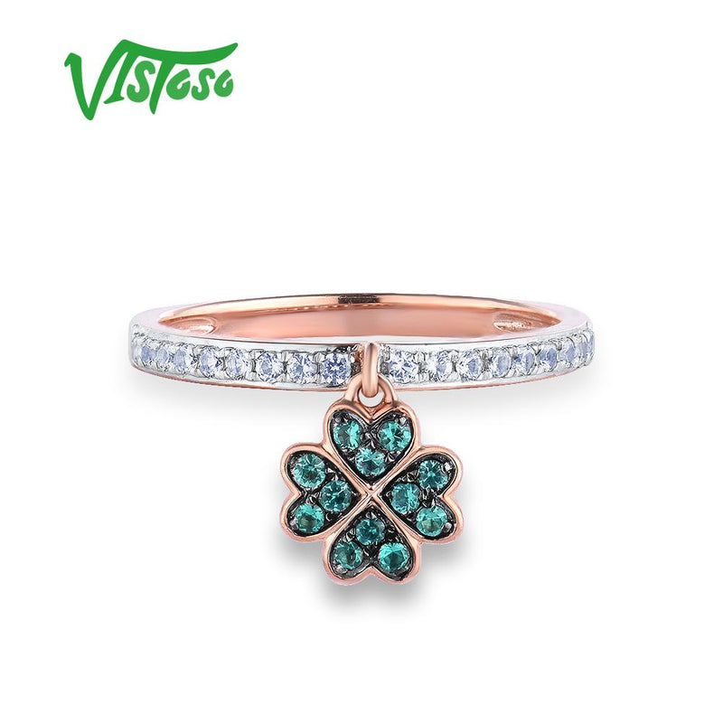 9K Rose Gold Lab Created Emerald & White Sapphire Clover Ring for Women