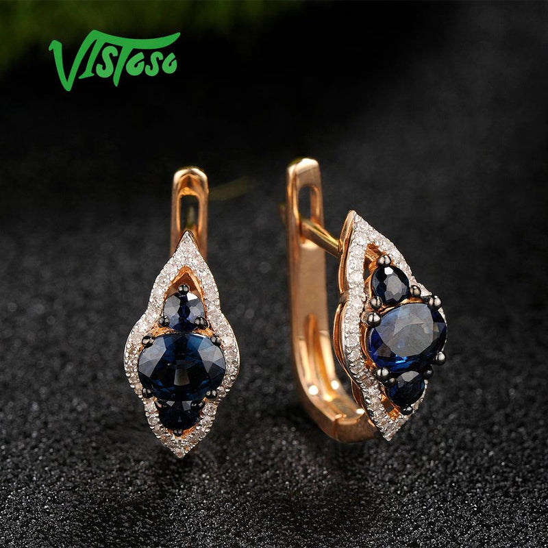VISTOSO Gold Earrings For Women 14K 585 Rose Gold Sparkling Blue Sapphire Luxury Diamond Wedding Band Anniversary Fine Jewelry