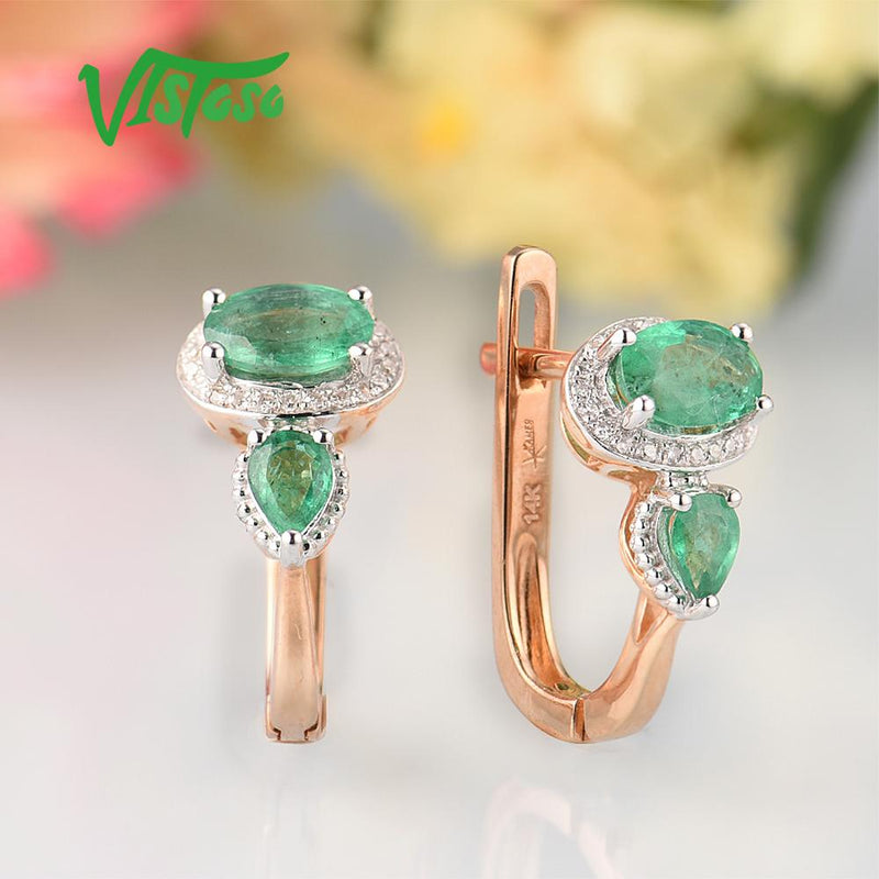 14K Rose Gold Emerald and Diamond Earrings for Women