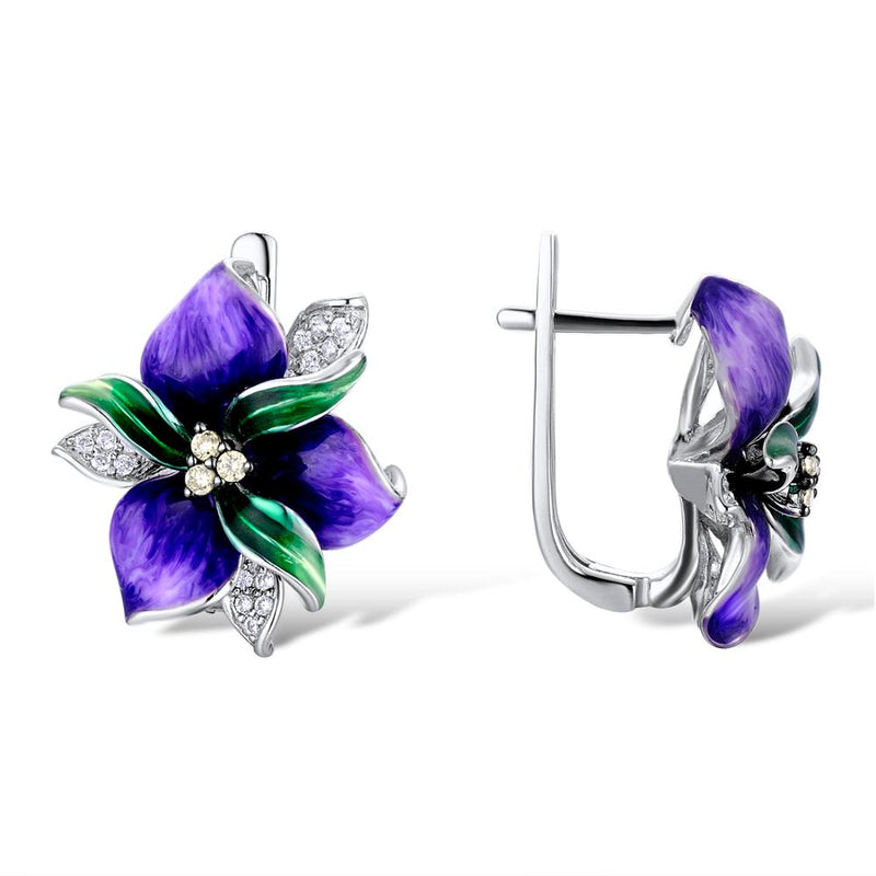 SANTUZZA 925 Sterling Silver Handmade Purple Flower CZ Stones Ring Earrings & Pendant Jewelry Set
