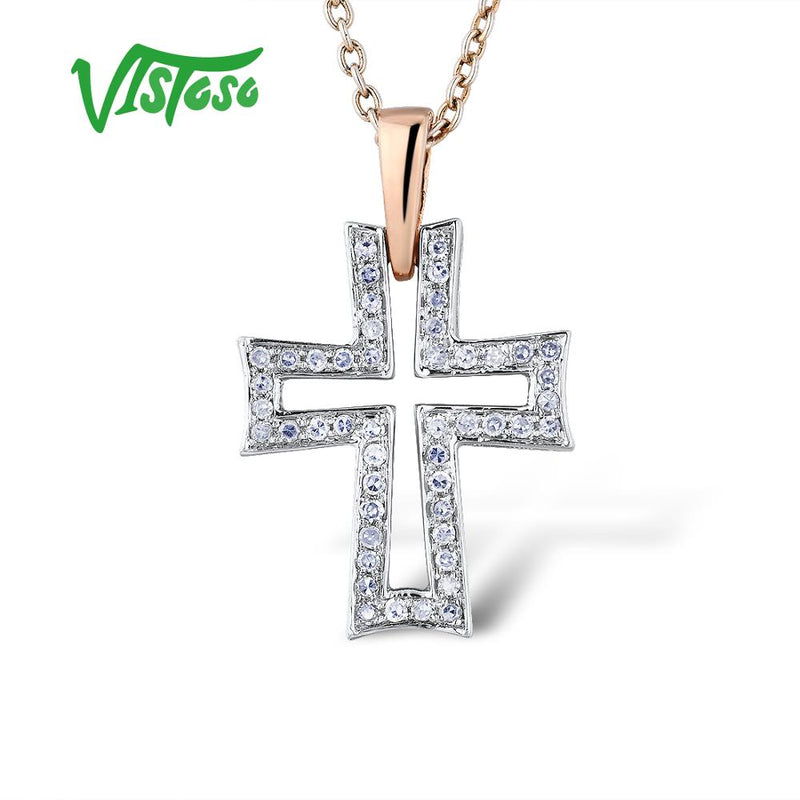 14K Rose Gold Diamond Hollow Cross Pendant for Women