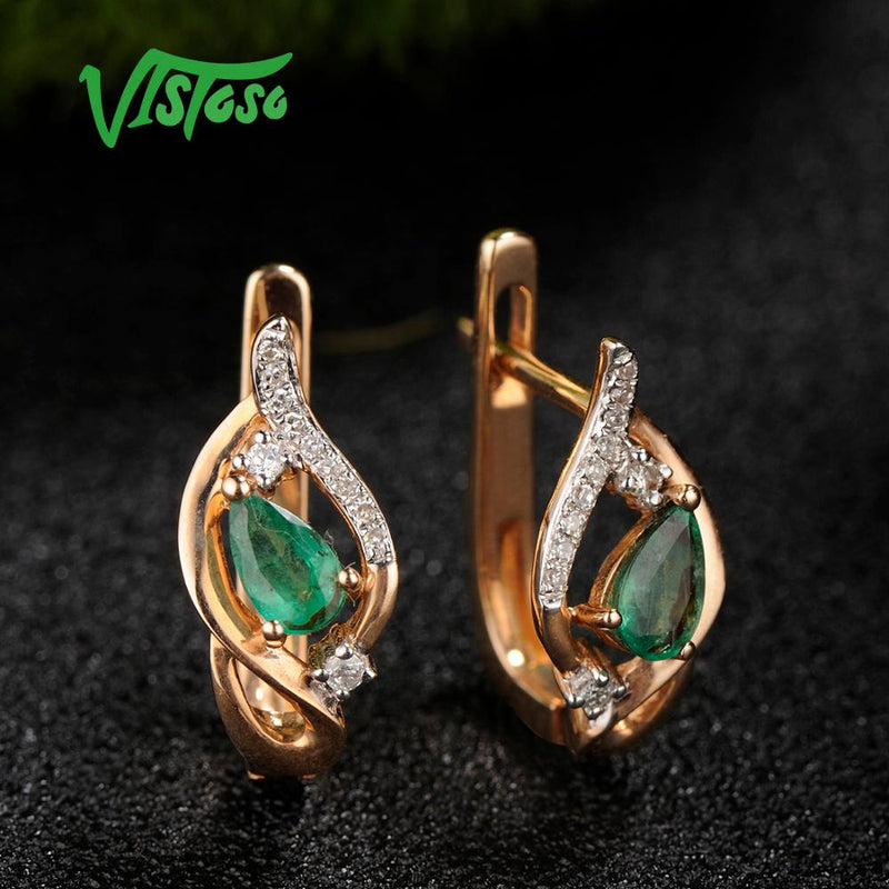 VISTOSO 14K 585 Rose Gold Elegant Shiny Emerald Sparkling Diamond Earrings