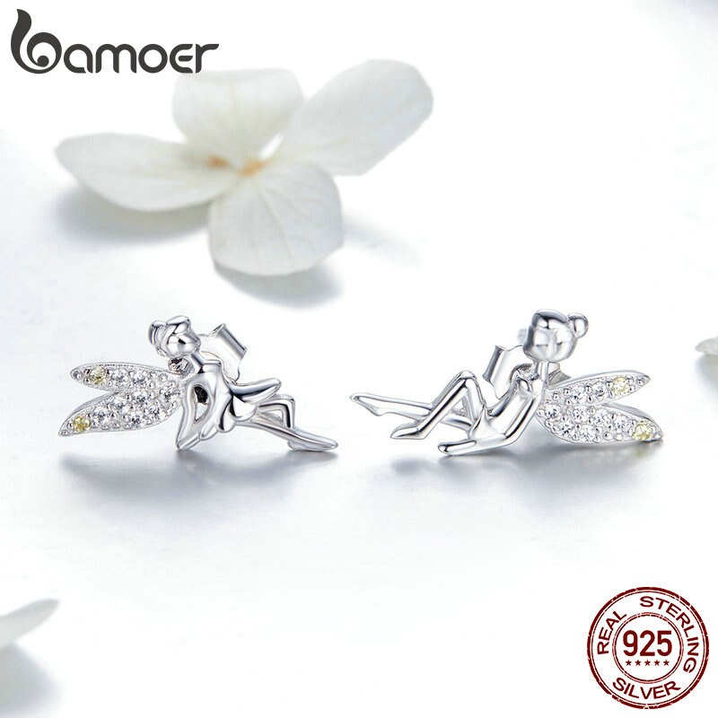 BAMOER Romantic Genuine 925 Sterling Silver Cute Fairy Elevs Stud Earring