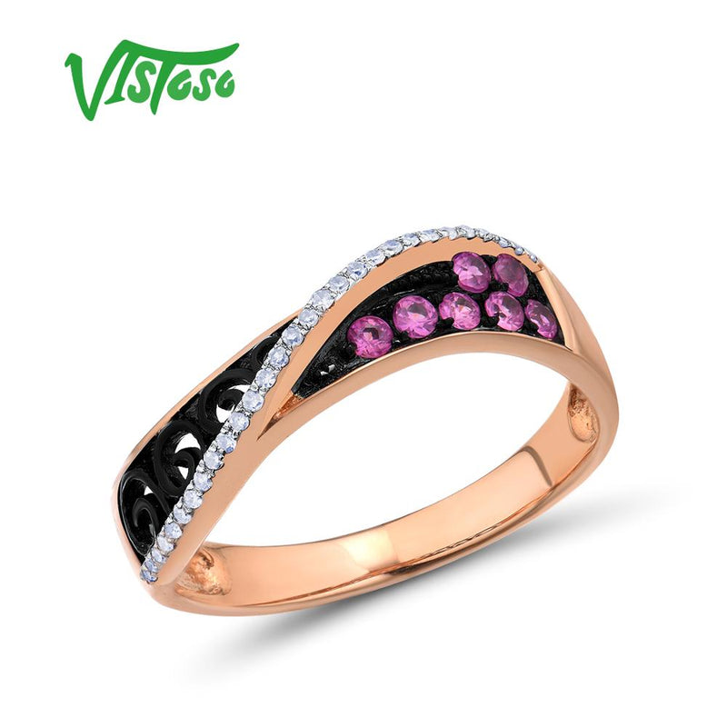 VISTOSO Genuine 14K 585 Rose Gold Sparkling Diamond Pink Sapphire & Hollow Line Ring