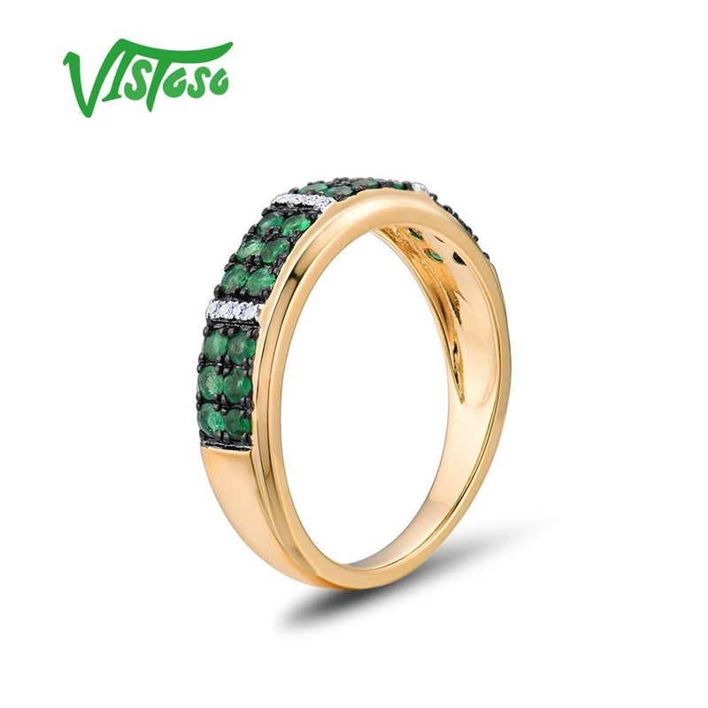 VISTOSO Genuine 14K 585 Yellow Gold Ring Sparkling Diamond Luminous Emerald Ring