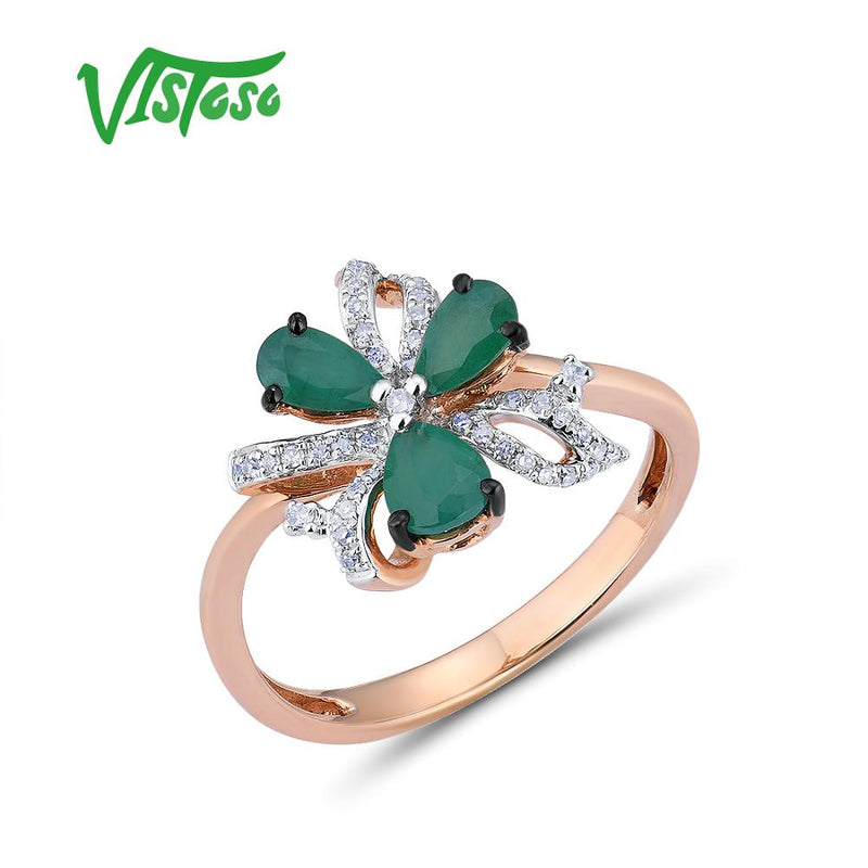 VISTOSO 14K 585 Rose Gold Magic Emerald Sparkling Diamond Ring