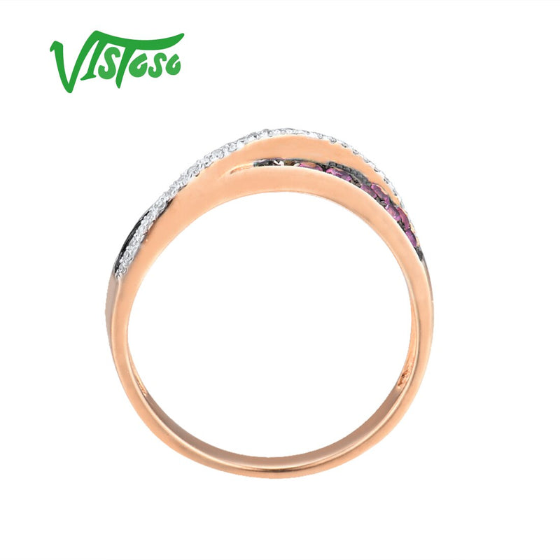 VISTOSO Genuine 14K 585 Rose Gold Sparkling Diamond Pink Sapphire & Hollow Line Ring