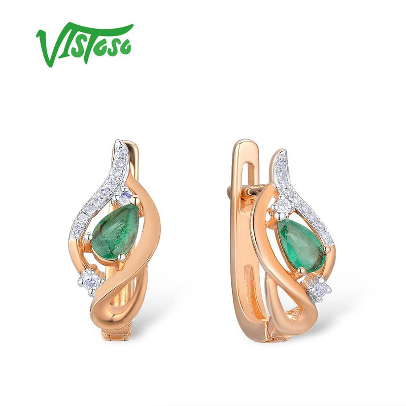 VISTOSO 14K 585 Rose Gold Elegant Shiny Emerald Sparkling Diamond Earrings