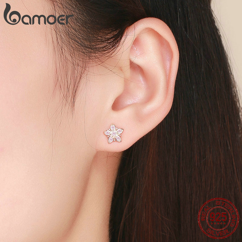 BAMOER Genuine 925 Sterling Silver Sakura Pink Flower Exquisite Stud Earrings for Women Wedding Party Jewelry Gift BSE034
