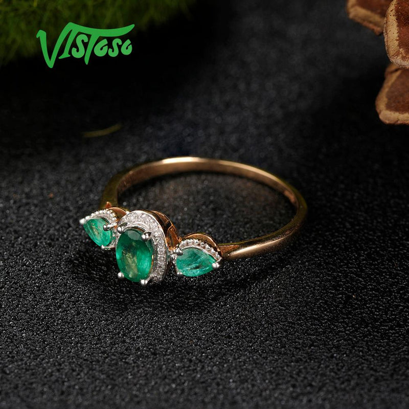 VISTOSO Genuine 14K 585 Rose Gold Magic Emerald Sparkling Diamond Ring