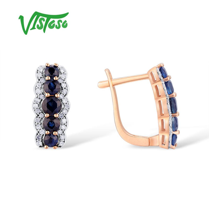 VISTOSO 14K 585 Rose Gold Sparkling Blue Sapphire Diamond Earrings