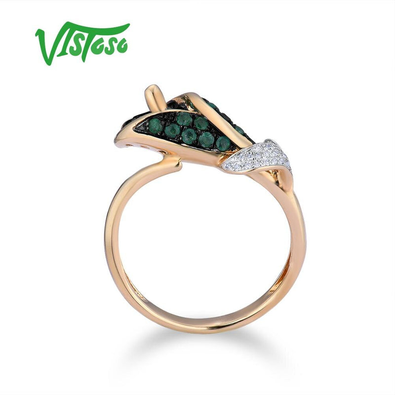 VISTOSO Genuine 14K 585 Yellow Gold Morning Glory Sparkling Diamond Emerald Ring