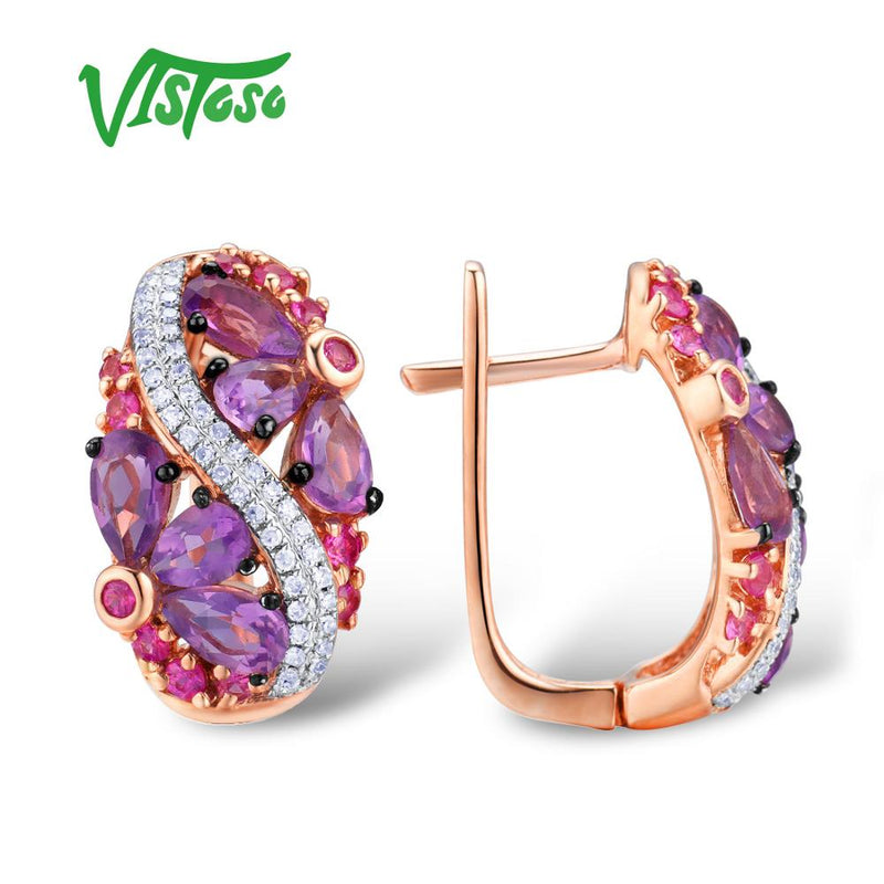 VISTOSO Genuine 14K 585 Rose Gold Sparkling Amethyst Pink Sapphire Diamond Earrings