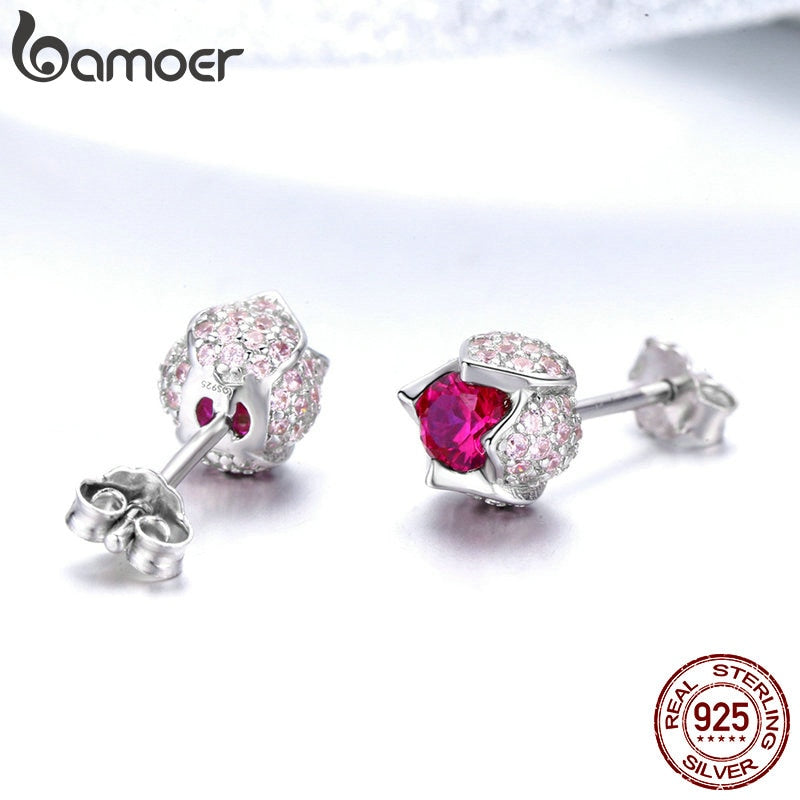 Sterling Silver Luminous Pink CZ Tulip Flower Bud Stud Earrings for Women