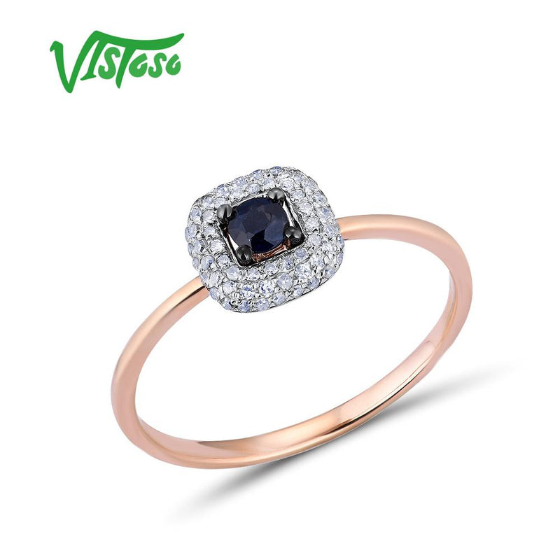 VISTOSO Pure 14K 585 Rose Gold Shining Diamond Blue Sapphire Luxury Ring