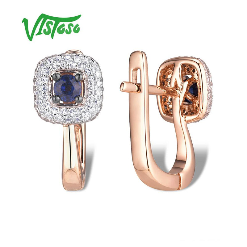 VISTOSO 14K 585 Rose Gold Sparkling Blue Sapphire Luxury Diamond Earrings