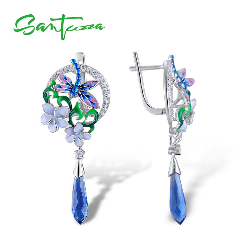 SANTUZZA Handmade 925 Sterling Silver Dragonfly Flower Ring Earrings Pendant Jewelry Set