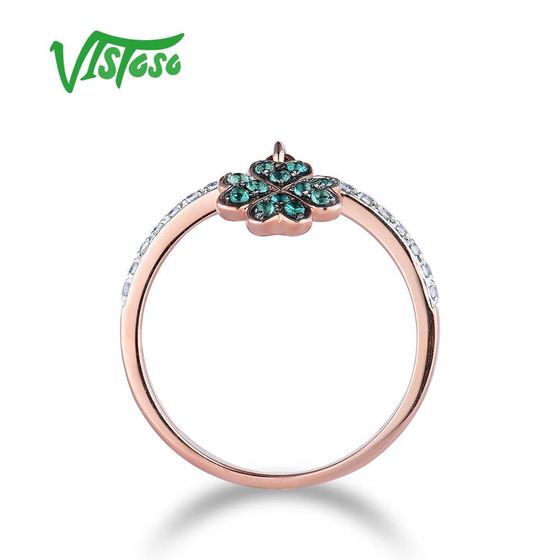 9K Rose Gold Lab Created Emerald & White Sapphire Clover Ring for Women