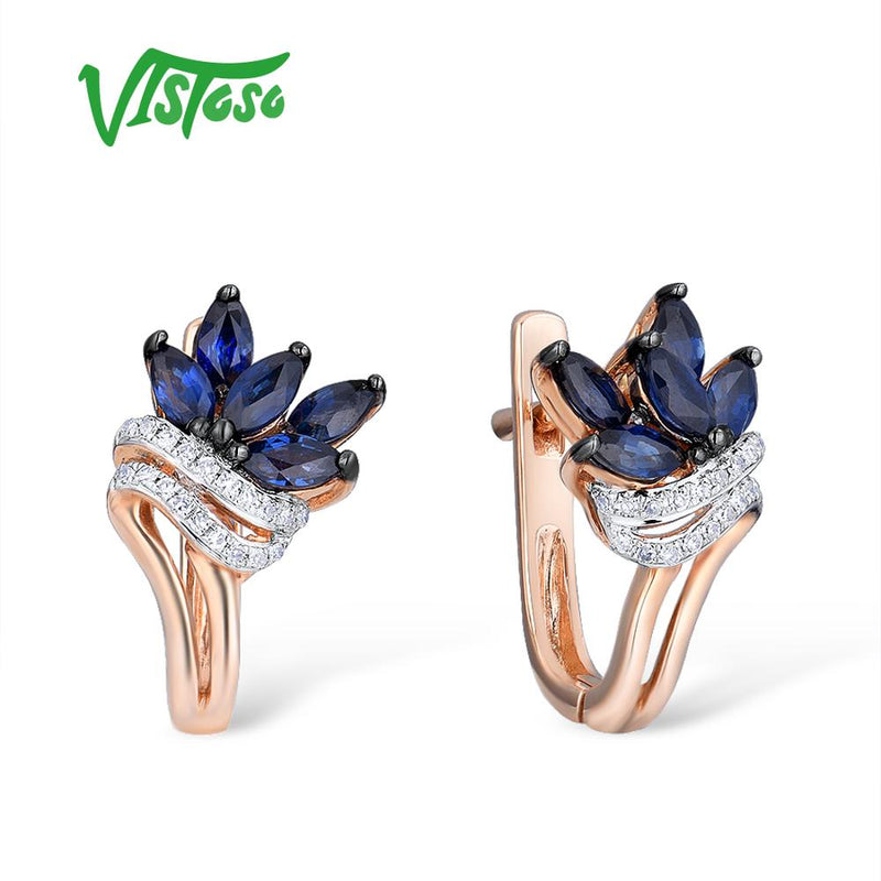 VISTOSO 14K 585 Rose Gold Sparkling Blue Sapphire Luxury Diamond Earrings