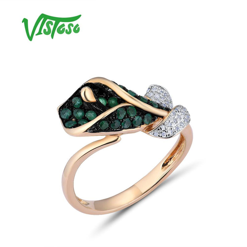 VISTOSO Genuine 14K 585 Yellow Gold Morning Glory Sparkling Diamond Emerald Ring