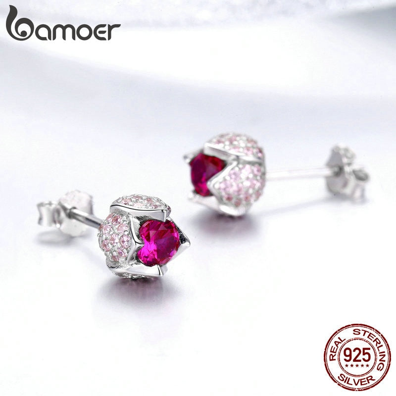 Sterling Silver Luminous Pink CZ Tulip Flower Bud Stud Earrings for Women