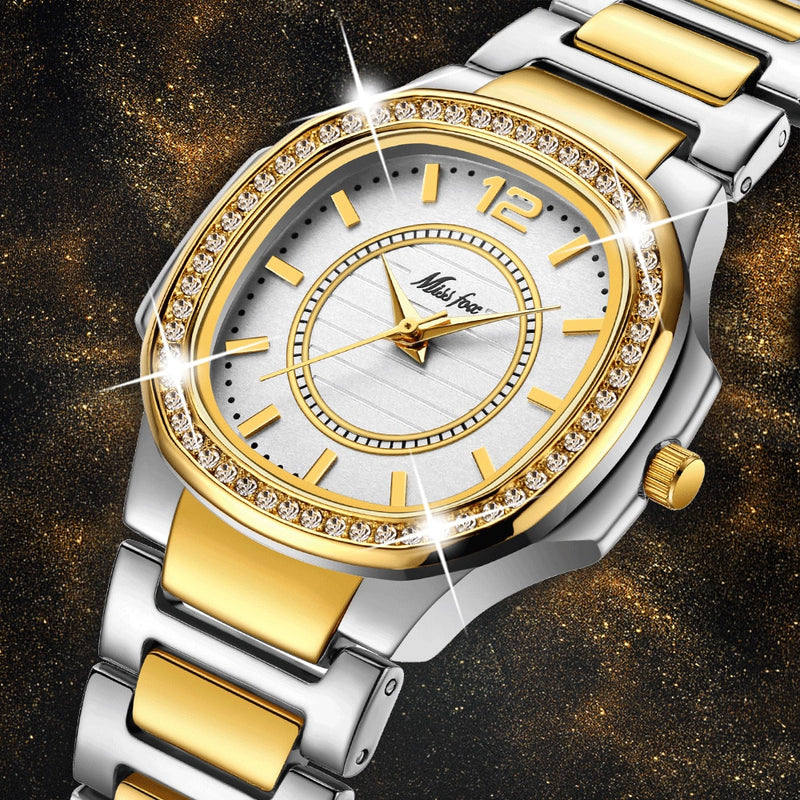 Fashion Geneva Designer 18K Gold Plated Zircon Quartz Watch Stainless Steel