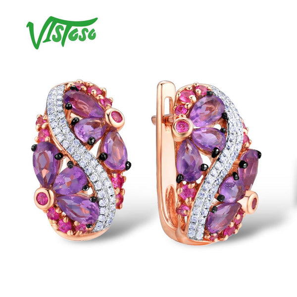 14K Rose Gold Amethyst and Pink Sapphire Diamond Earrings for Women