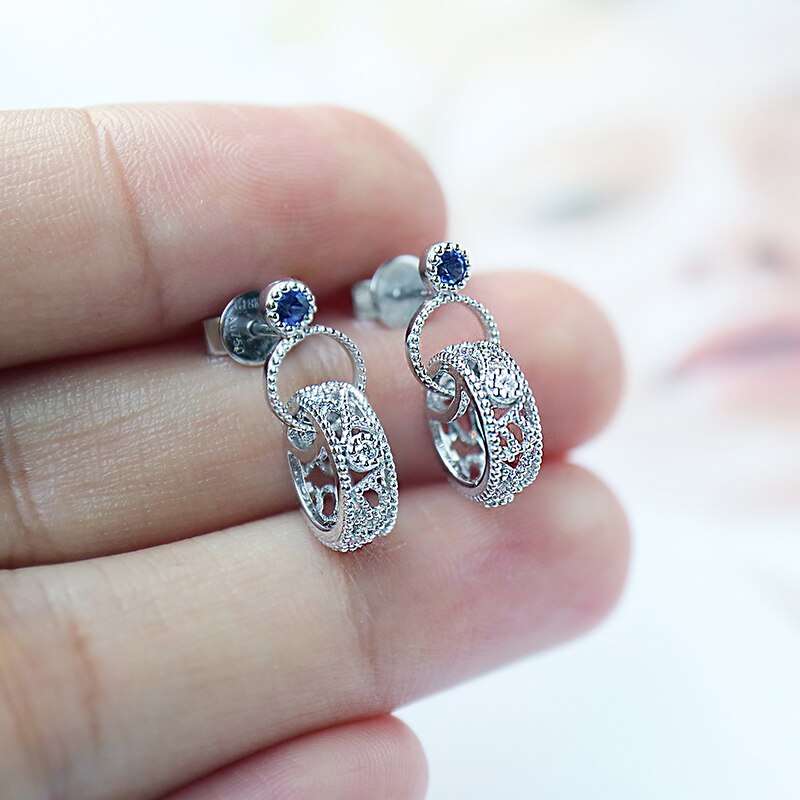 14kt White Gold Blue Sapphire Diamond Dangle Earrings for Women