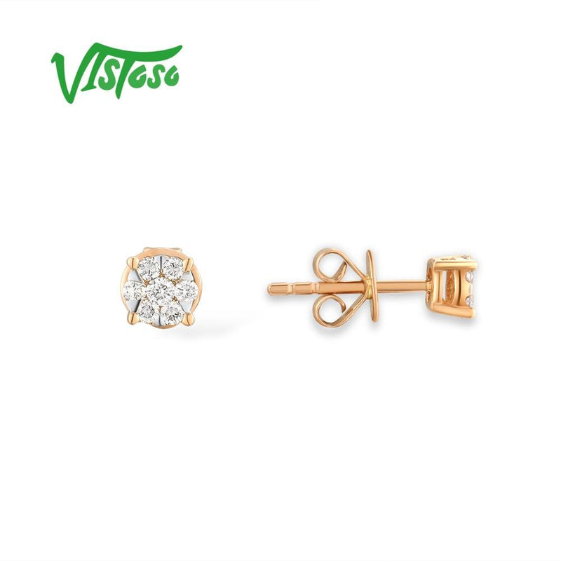 VISTOSO 14K 585 Rose Gold Sparkling Diamond Dainty Round Cirle Stud Earrings