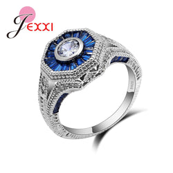 925 Sterling Silver Blue Zircon White Crystal Ring for Women