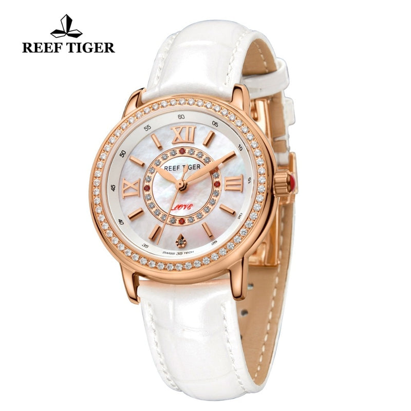 Reef Tiger/RT Fashion Diamond Leather Strap Quartz Watch for Ladies