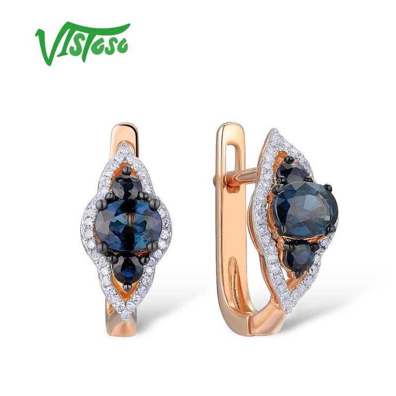 VISTOSO Gold Earrings For Women 14K 585 Rose Gold Sparkling Blue Sapphire Luxury Diamond Wedding Band Anniversary Fine Jewelry