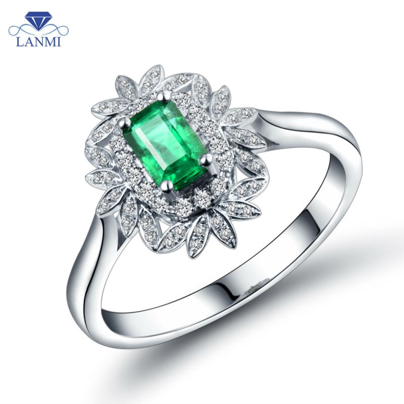 18K White Gold Emerald Ring Vintage Engagement Ring for Her