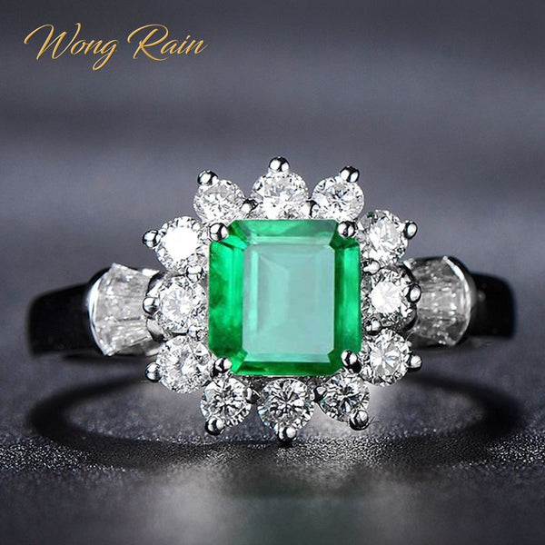 Wong Rain Vintage 100% 925 Sterling Silver Emerald Gemstone Wedding Engagement Diamonds White Gold Ring Fine Jewelry Wholesale