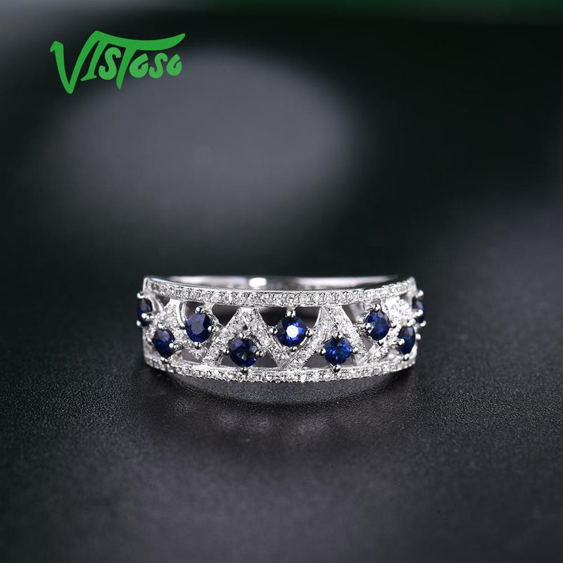 VISTOSO Genuine 14K White Gold Sparkling Diamond Fancy Blue Sapphire Ring