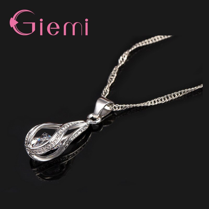 925 Sterling Silver Trendy Water Drop Cubic Zircon Pendant Necklace & Earrings Jewelry Set