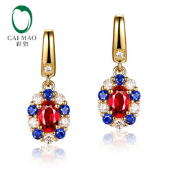 14k Yellow Gold Red Ruby and Diamond Sapphire Dangle Earrings for Women