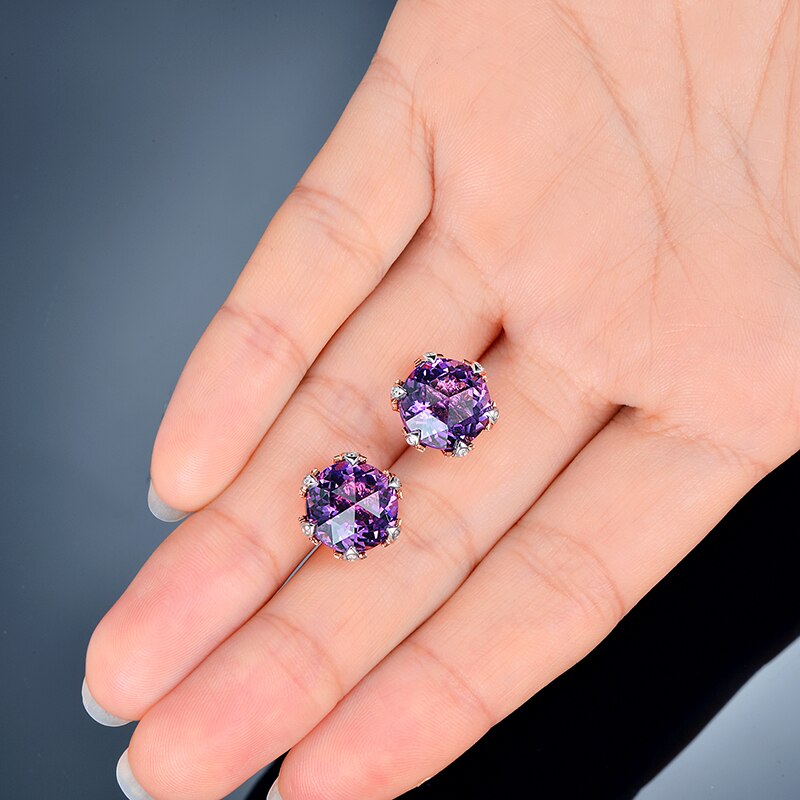 14k Rose and White Gold Amethyst Stud Earrings with Diamonds for Women