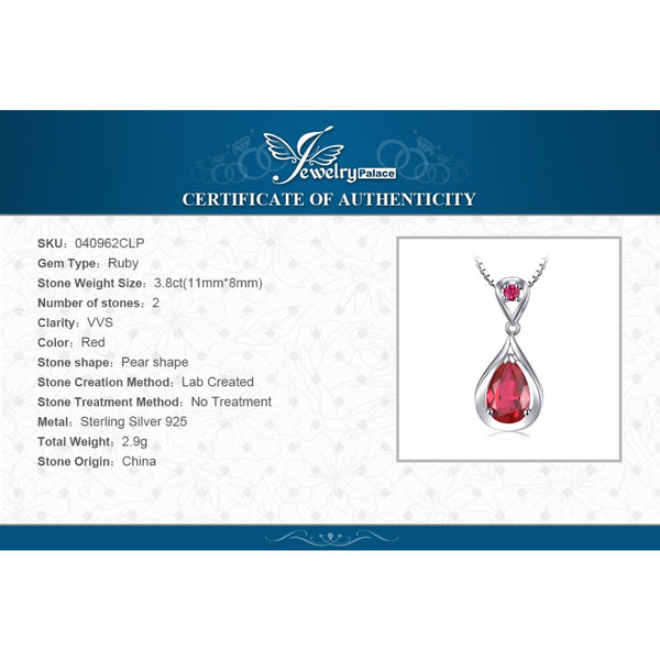 925 Sterling Silver Water Drop Red Ruby 3.8 ctw Pendant Necklace for Women