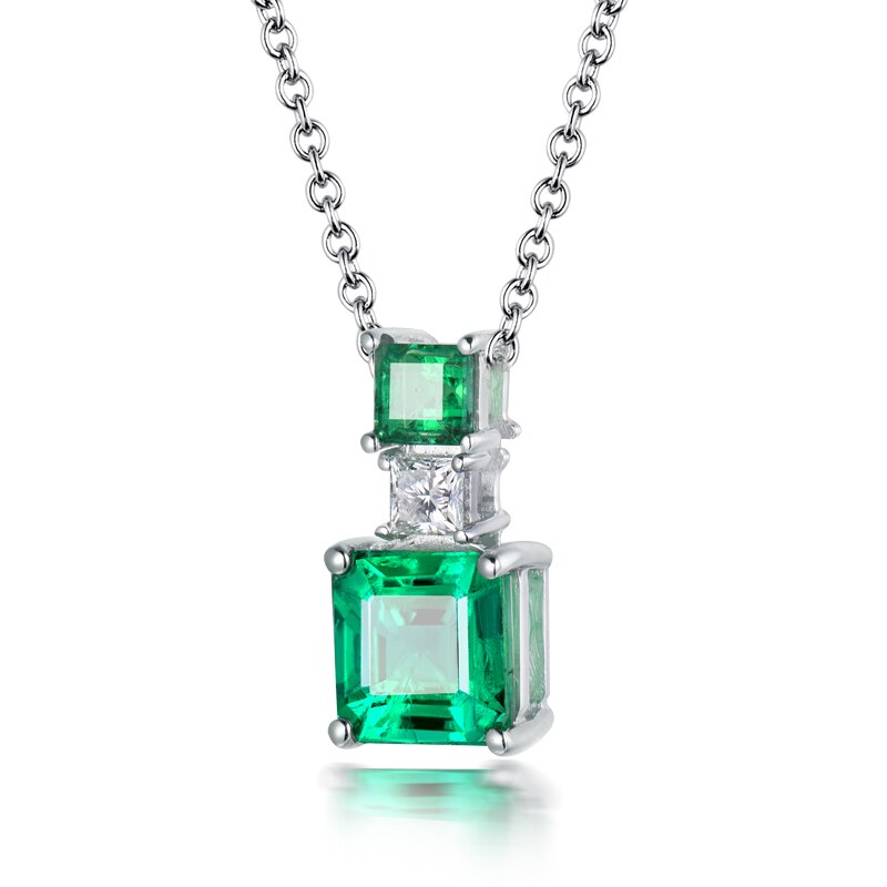 18K White Gold Princess Cut Emerald Natural Diamond Pendant for Her