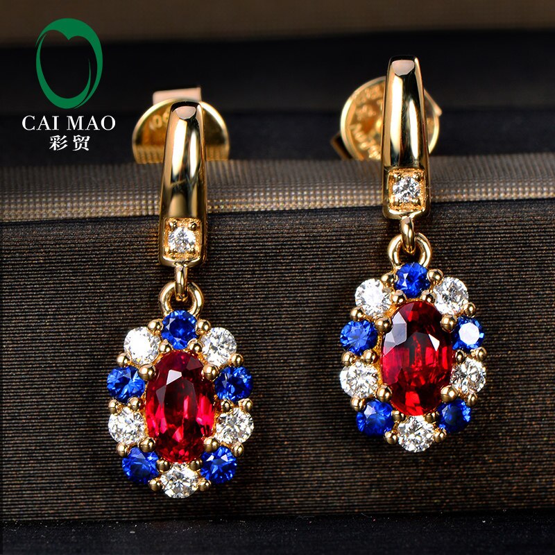 14k Yellow Gold Red Ruby and Diamond Sapphire Dangle Earrings for Women