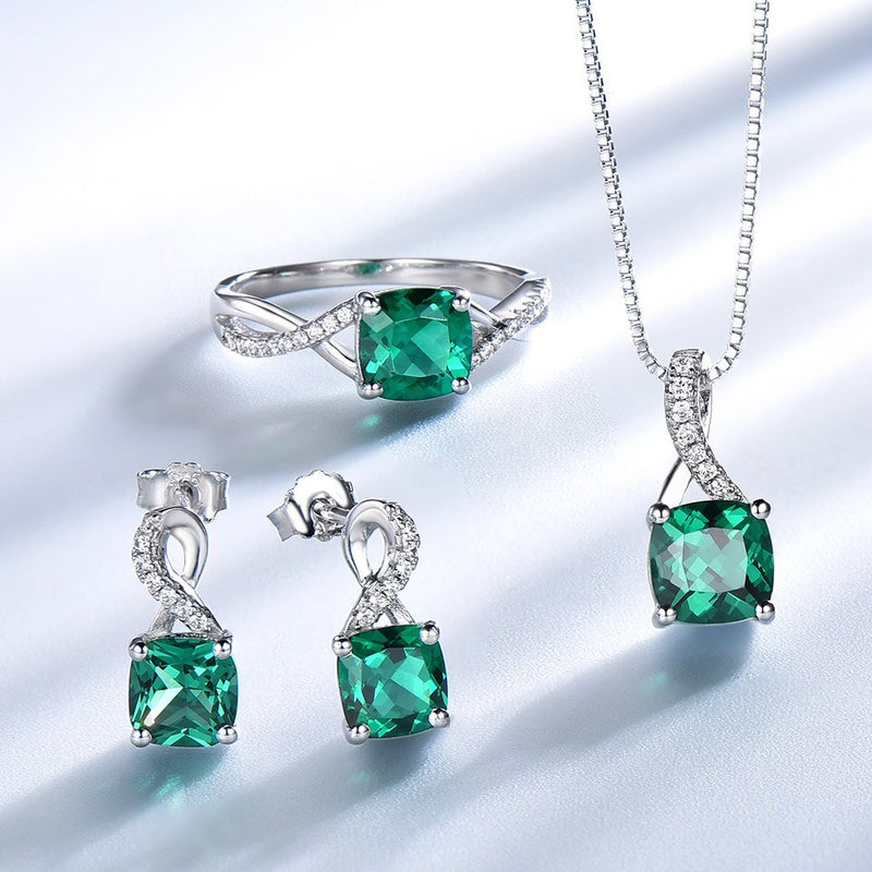 UMCHO 925 Sterling Silver Green Emerald Ring Pendant & Stud Earrings Jewelry Set