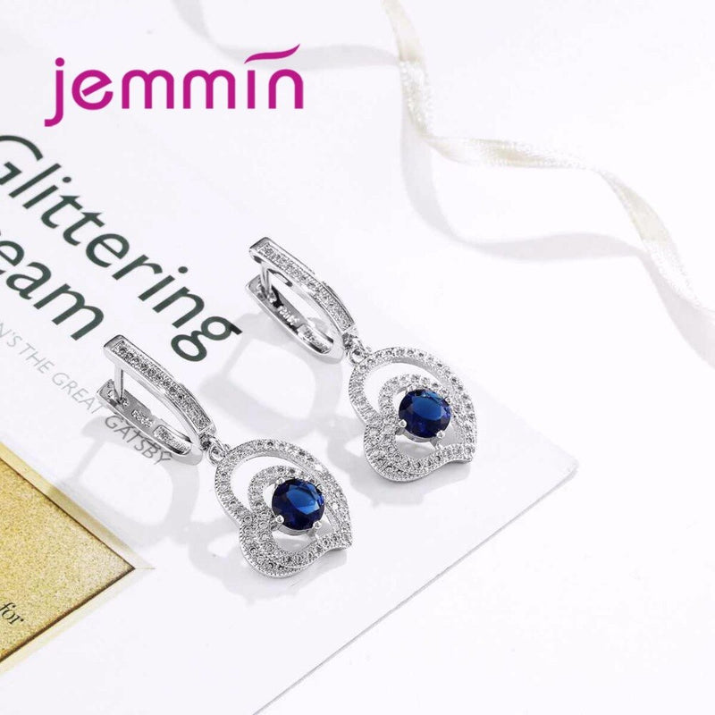 925 Sterling Silver Double Heart Sapphire Rhinestone Bridal Jewelry Sets for Women