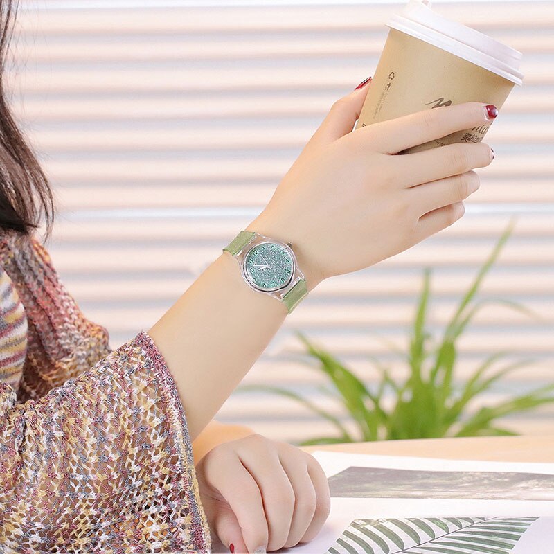 Stainless Steel Quartz Watch with Silicone Strap and Glitter Dial for Women