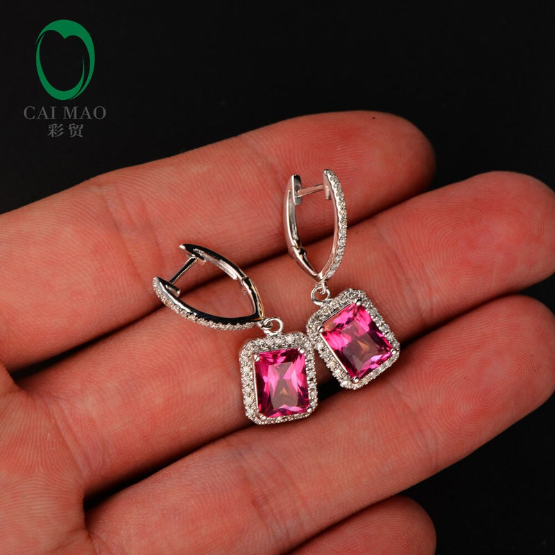 14KT White Gold Good Pink Topaz Diamond Dangle Earrings for Women