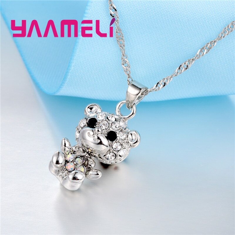 Cool 925 Sterling Silver CZ Stone Animal Bear Charms Necklace Hoop Earring Pendant Jewelry Sets Best Gifts for Female