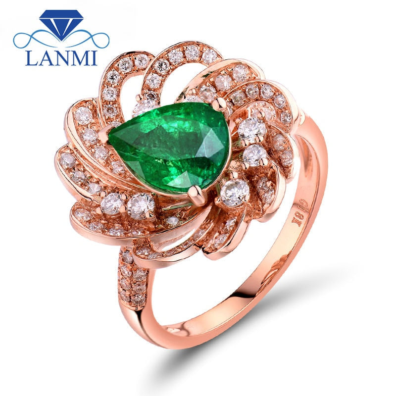 18K Rose Gold Colombian Emerald Pear Cut Engagement Ring