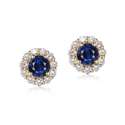 18KT Yellow Gold Sapphire Diamond Stud Earrings for Women