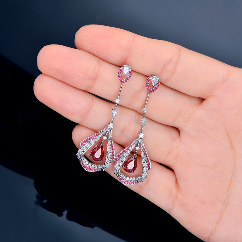 18k White Gold 1.28ct Red Ruby and Diamond Dangle Earrings for Women